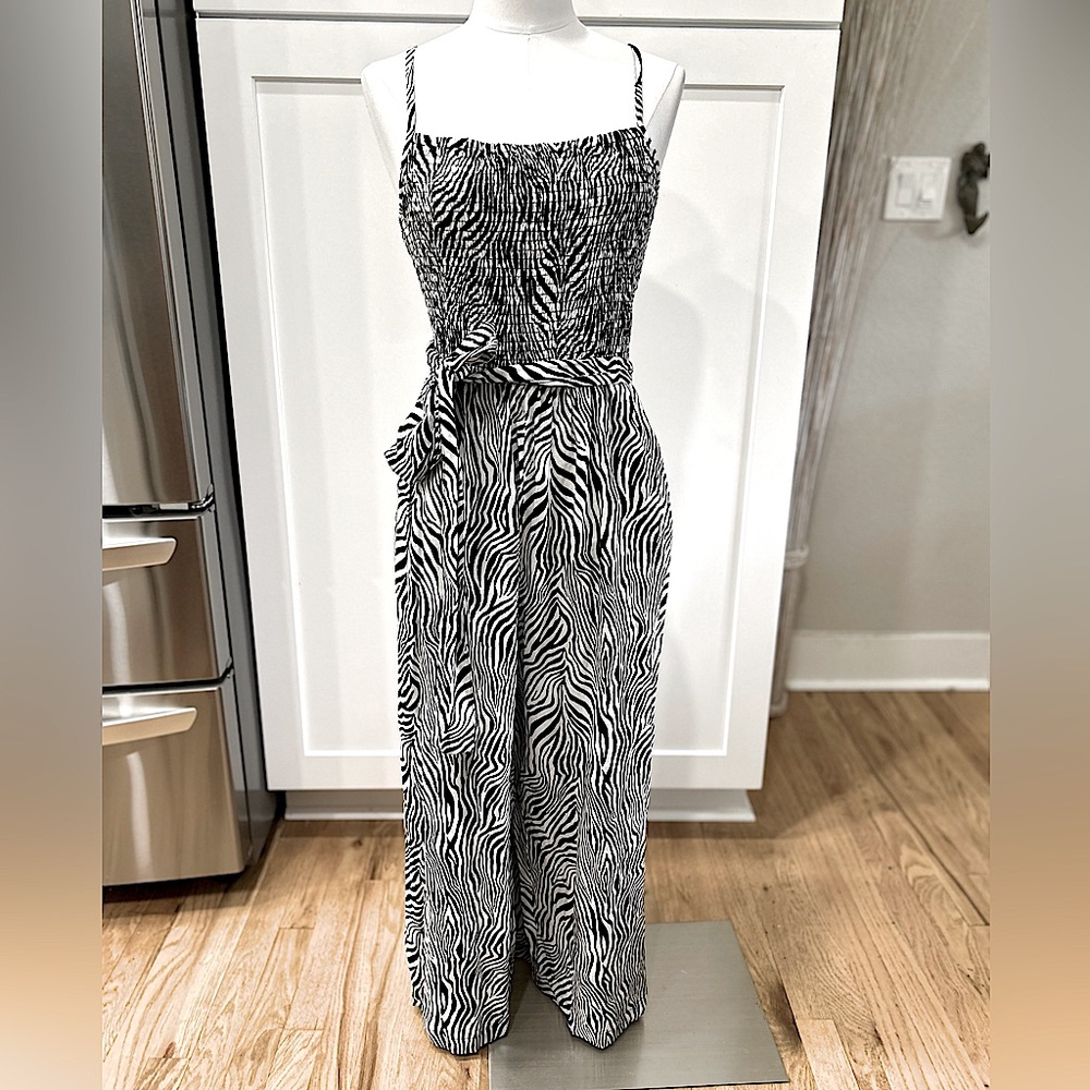 NWT Michael Kors Zebra Print Smocked Jumpsuit With Self Tie Belt